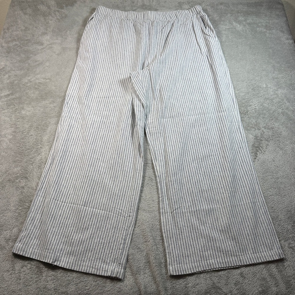 Fresh Produce Wide Leg Linen Pants Women 1X Blue White Striped Elastic Waist
